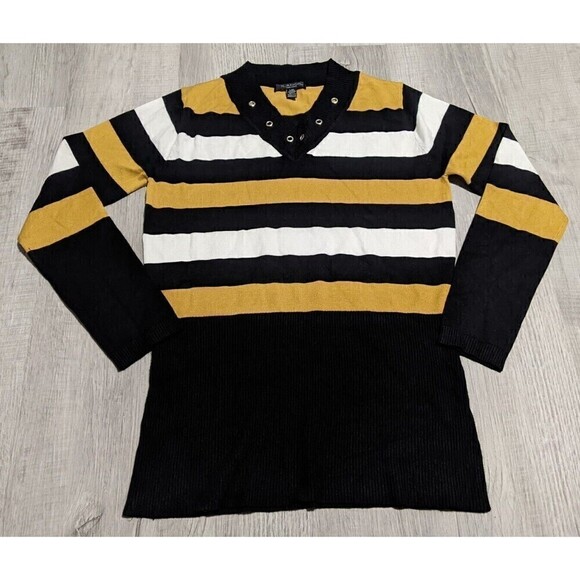 Ilanco Sweaters - Ilanco Knit Tricot Women's Sz L Yellow Black White Stripe Top Viscose Sweater